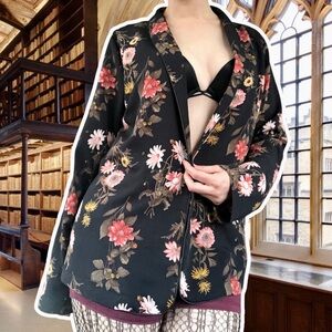 Bobeau Black Bed Jacket or Lightweight Blazer with Floral Design, Size XL